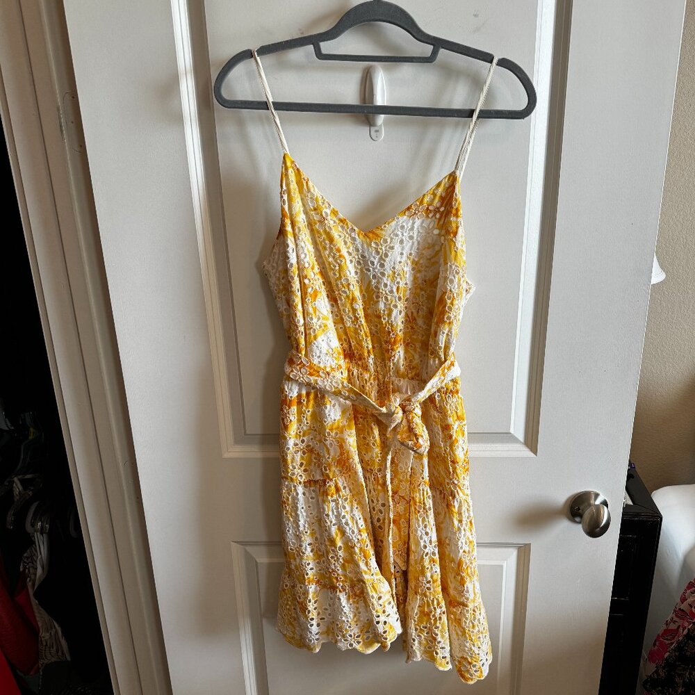 Express Printed Eyelet V-Neck Tie Waist Tiered Trapeze Dress